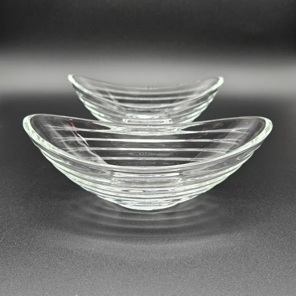 Glass Boat Bowls Clear Ribbed Textured‎ Mid Century Modern MCM Retro Minimalist